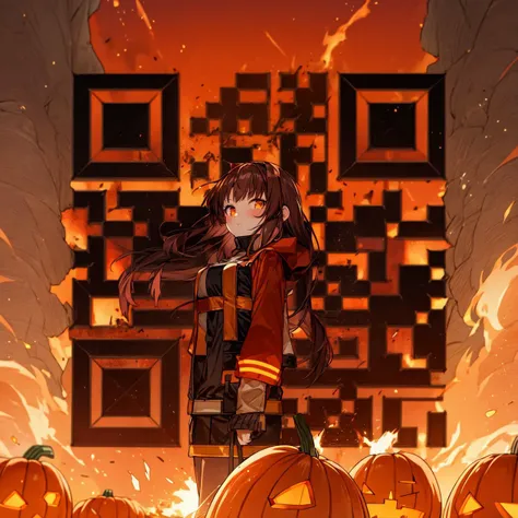 sunset, 1girl, orange sky, dusk, fire, long hair, explosion, orange background, solo, twilight, evening, long sleeves, breasts, bangs, looking at viewer, jacket, pumpkin, brown hair <lora:add_detail:1.0>