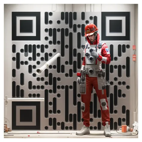 A worker in safety helmet, red and white uniform, a fine art painting of a man, hyper realistic, steel, intricate design, insanely detailed, fine details, Extremely sharp lines, cinematic lighting, Photo realistic, a detailed masterpiece, red and white color scheme