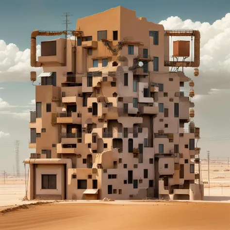 lanscape, sunagakure houses bulidings from sand, neighborhood, dirt, cables, desert, dust, sand, sky cloud, pipes, electricity, cloudy sky, anime style, ghibli style,