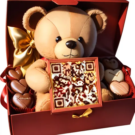 A Teddy bear, holding a box of chocolates, zoom in, masterpiece, white background,
