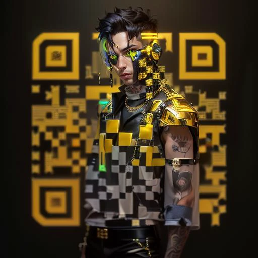 a man with white short hair, tattoos and piercings and wearing a leather cyber punk outfit and gold chain with a gold cross with a black neon green background