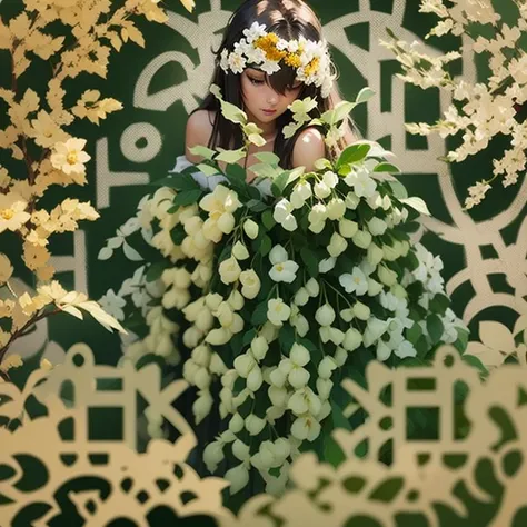 (Masterpiece, bestquality),( colorful background),1girl,solo,long hair,messy hair,colorful hair,yellow off shoulder,hair flower,greenery,flower, masterpiece, best quality,