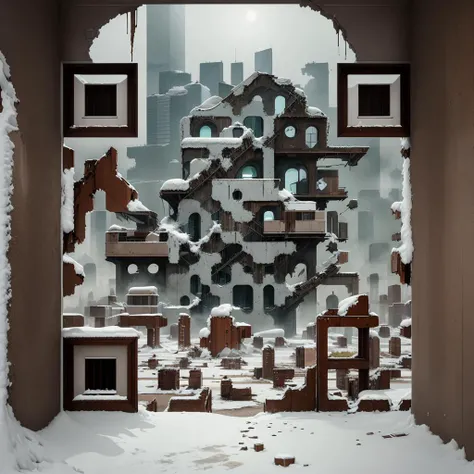 A mesmerizing depiction of a city ruins in the midst of a serene winter wonderland; a breathtaking photorealistic illustration capturing the essence of desolation and beauty. The scene showcases crumbling buildings blanketed in pristine snow, with delicate icicles hanging from rooftops, enhanced by the soft glow of a setting sun. The artwork exudes a sense of mystery and nostalgia, reminiscent of post-apocalyptic landscapes, evoking emotions of both solitude and awe. The level of detail is extraordinary, highlighting the intricate textures of weathered bricks, rusted metal, and the glistening ice crystals. The composition expertly balances the vastness of the abandoned cityscape with intimate close-ups of cracked windows, revealing remnants of a forgotten past. This masterpiece draws inspiration from acclaimed artists like Simon Stalenhag and Thomas Scholes, combining their distinct styles to create a truly captivating and evocative visual experience