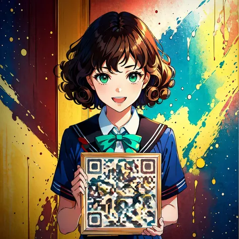 masterpiece, best quality, solo, 1girl,school uniform, excited, :D, curly brown hair, green eyes, holding_sign