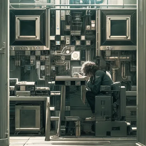 1girl, (one male engineer), medium curly hair, from side, (mechanics), circuit board, steampunk, machine, studio, table, science fiction, high contrast, high key, cinematic light,, (masterpiece, top quality, best quality, official art, beautiful and aesthetic:1.3), extreme detailed,highest detailed,(ultra-detailed),((an extremely delicate and beautiful))