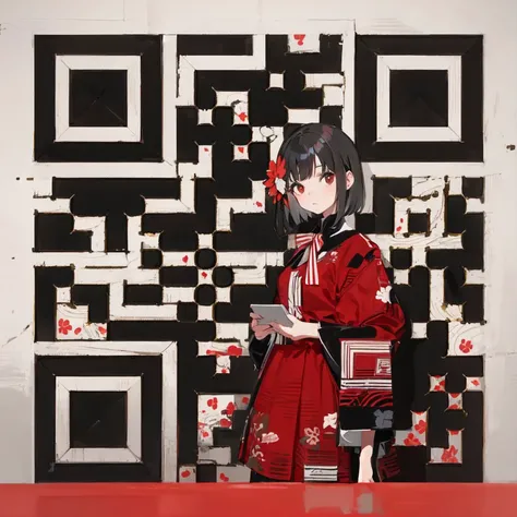 1girl, solo, red flower, print dress, bow, year of the ox, food print, short hair, black hair, looking at viewer, bangs, long sleeves, red bow