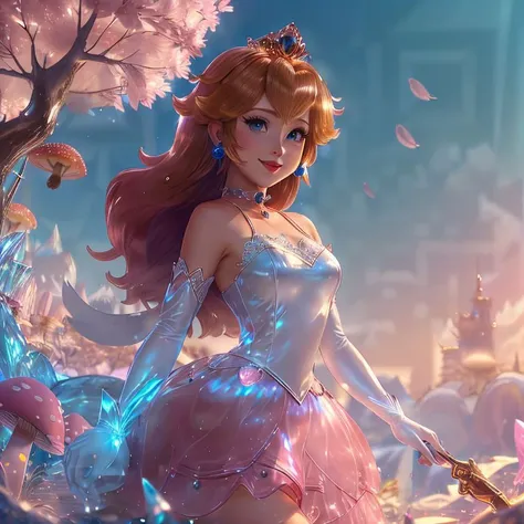 highres,masterpiece,perfect ligthing,bloom,cinematic lighting,adult,perfect skin,female,cowboy shot,smile,narrow waist,skinny,<lora:PrincessPeachMovie:0.6>,(PrincessPeach),choker,detailled eyes,blue eyes,choker,sensual,mushrooms,mushroom kingdom,pink lips,((glossy lips)),pursed lips,pink pumps,glossy skin,oily skin,beautiful light,(day:1.3),bright,looking at viewer,<lora:CrystallineAI-000009:1>,pink crystallineAI dress,