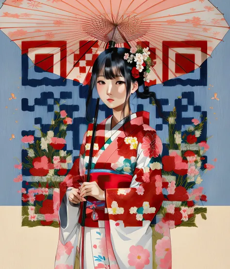japaneseart, traditionalstyle, (1girl), kimono, umbrella, (robot:0.5), detailed, (red and white color scheme), (flower backdrop), peaceful, serene
