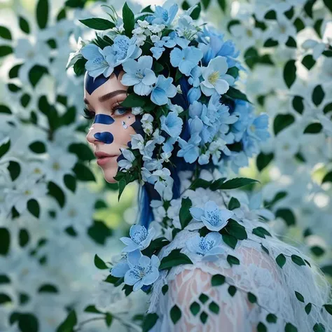 fashion photography portrait of blue human avatar,in blue lush jungle with flowers and birds,3d render,cgi,symetrical,octane render,35mm,bokeh,9:16,(intricate details:1.12),hdr,(intricate details, hyperdetailed:1.15),(natural skin texture, hyperrealism, soft light, sharp:1.2),