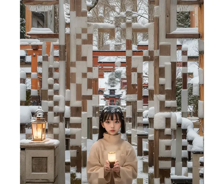 1girl, animal, bare_tree, black_hair, blue_eyes, branch, building, day, holding, lantern, long_sleeves, looking_at_viewer, outdoors, scenery, shrine, snow, snowflakes, solo, stone_lantern, torii, tree, water, winter