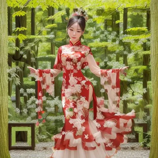 an elegant chinese girl inside the spring forest, full body, delicate face,oval face,Peerless beauty,chinese costume,dynamic pose,tilted composition colorful, ultra realistic, elegant, best quality,((intricate)), ((highly detailed)), ((professionally color graded)), uHD, 8k, RAW photo