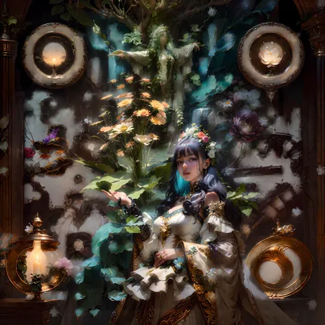 noComplex palaces, weeds, flowers,Green plants as the main body, covered with green plants,The wall covered with plants and flowers, the girl standing on the wall, covered with plants,The beautiful girl was wrapped in white silk, Intricate and luxurious white dress surrounded by intricate foliage and flowers, white, soft, intricate, science fiction, high contrast, high key, cinematic light,(masterpiece, top quality, best quality, official art, beautiful and aesthetic:1.3), extreme detailed, highest detailed, (ultra-detailed),<lora:epi noiseoffset2:0.8>