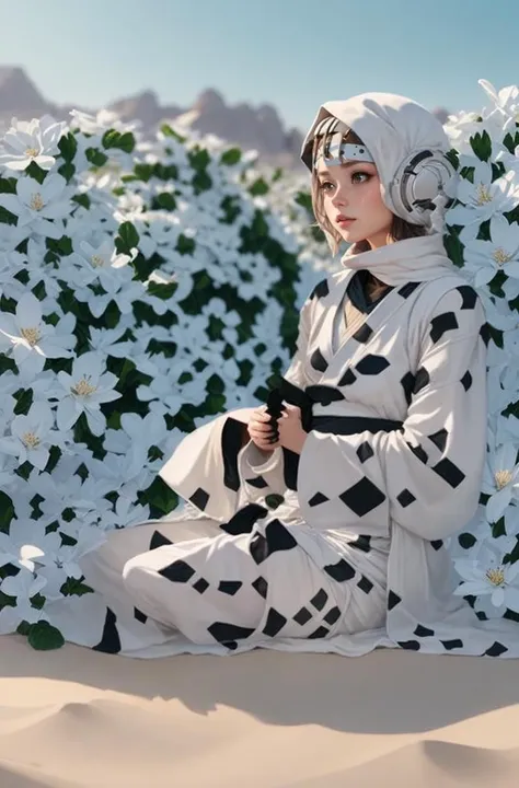 (Jedi meditation:1.3), serene photo,1girl, Jedi master in deep meditation, in jedioutfit, sitting cross-legged, (desert oasis:1.1), surrounded by blooming desert flowers, harmonizing with the Force, spiritual retreat, transcendent tranquility, desert enlightenment, Absurdres, hdr, ultra detailed illustration, extremely detailed face, RAW photo, film grain, skin pores, trending on deviantart <lora:jedioutfit:1> <lora:epiNoiseoffset_v2:1>