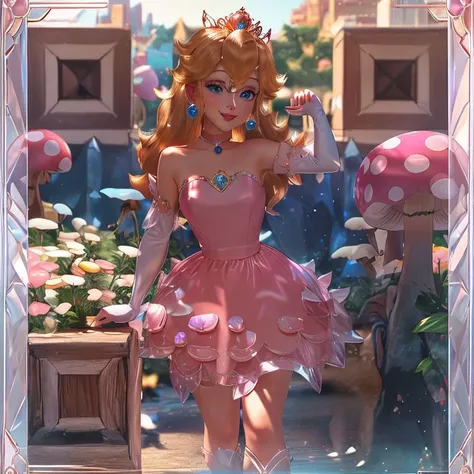 highres,masterpiece,perfect ligthing,bloom,cinematic lighting,adult,perfect skin,female,cowboy shot,smile,narrow waist,skinny,<lora:PrincessPeachMovie:0.6>,(PrincessPeach),choker,detailled eyes,blue eyes,choker,sensual,mushrooms,mushroom kingdom,pink lips,((glossy lips)),pursed lips,pink pumps,glossy skin,oily skin,beautiful light,(day:1.3),bright,looking at viewer,<lora:CrystallineAI-000009:1>,pink crystallineAI dress,