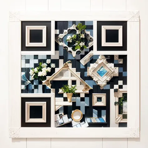 A photo-realistic rendering tile wall with wooden frames, (Photorealistic:1.3), (Highly detailed:1.2), (Natural light:1.2), art inspired by Architectural Digest, Vogue Living, and Elle Decor