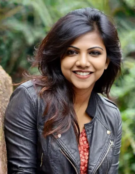 hires headshot photo of 25-year-old Madonna Sebastian woman, jeans, leather jacket, smiling, outdoors <lora:Madonna_Sebastian_SDXL_LoRA:1>