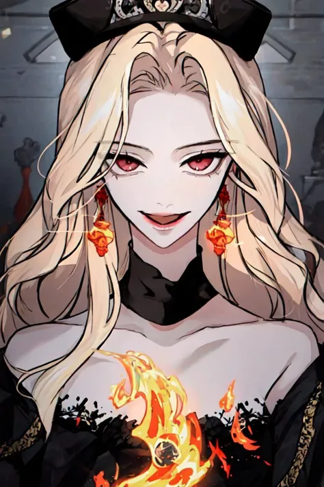 1girl, Lars, solo, long hair, looking at viewer, smile, blonde hair, red eyes, long sleeves, hat, dress, very long hair, black dress, ascot, black headwear, fire<lora:Empa10:1>