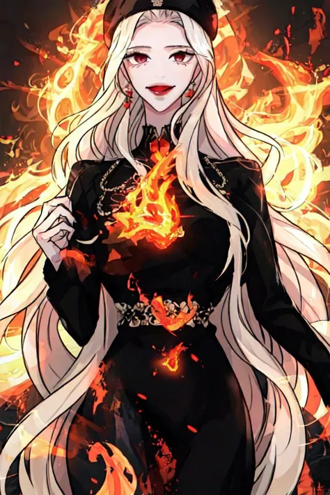 1girl, Lars, solo, long hair, looking at viewer, smile, blonde hair, red eyes, long sleeves, hat, dress, very long hair, black dress, ascot, black headwear, fire<lora:Empa10:1>