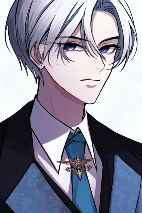 solo, Emperor, looking at viewer, short hair, bangs, blue eyes, shirt, 1boy, white background, jewelry, closed mouth, upper body, white hair, male focus, collared shirt, coat, fur trim, brooch <lora:Empa10:1>