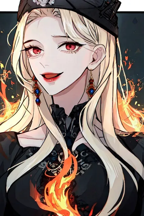 1girl, Lars, solo, long hair, looking at viewer, smile, blonde hair, red eyes, long sleeves, hat, dress, very long hair, black dress, ascot, black headwear, fire<lora:Empa10:1>