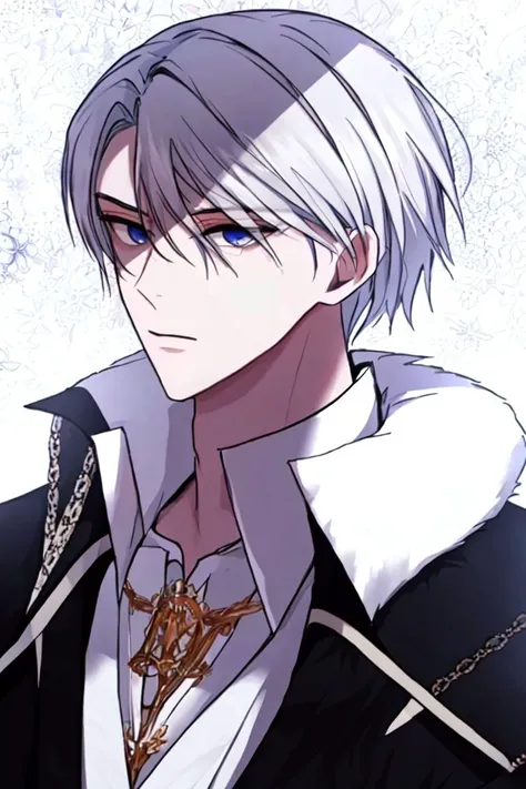 solo, Emperor, looking at viewer, short hair, bangs, blue eyes, shirt, 1boy, white background, jewelry, closed mouth, upper body, white hair, male focus, collared shirt, coat, fur trim, brooch <lora:Empa10:1>