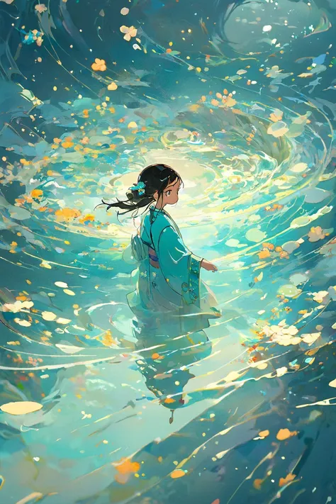 guofeng,(1girl, solo, in an abstract water, looking at viewer),(masterpiece, best quality, highres, artstation),(romanticized, bloom, swirling lights, light particles, detailed, 8k:0.7),<lora:Vcu;SDXL:0.85>,Chinesestyle,