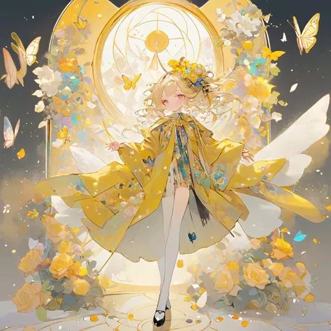 (guofeng:0.6),(Golden Ratio:1.2),(rose graffiti:0.8),(full body:1.2),(ultra-detailed:1.3),(tarot:1.4),(the magician (tarot):1.6),(fairy:1.2),fairy wings,standing in the air,cool,(butterfly hair ornaments),flower hair ornaments,(colorful cocktail long dress:0.8),(Loose sleeves coat :1.3),White stockings,<lora:Vcu;SDXL:0.8>,(style of yoneyama mai:0.4),