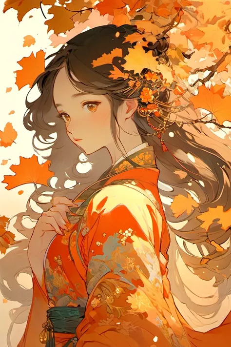 guofeng,1girl,upper body,fire,burning,autumn,orange_theme,autumn_leaves,orange_flower,solo,flame,leaf,ginkgo_leaf,long_hair,best quality,masterpiece,extremely detailed,finely detail,highly detailed,jewelry,jewelry,(metalisk:1.1),(metal reflection:1.1),(style of Alfons Mucha:0.2),(style of Victo Ngai:0.4),<lora:Vcu;SDXL:0.65>,