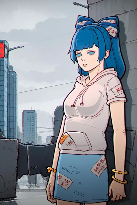 ls, chromatic aberration, 1girl, solo, (skinny:1.2), (detailed face and eyes), sh, bracelet, very long hair, blue hair, blue bow, hair bow, (grey hoodie:1.2), hood down, blue eyes, (ofuda:1.2), blue skirt, (gradient hair:1.2) chiaroscuro neon lights, cyberpunk, cyberpunk city, graffiti, rain