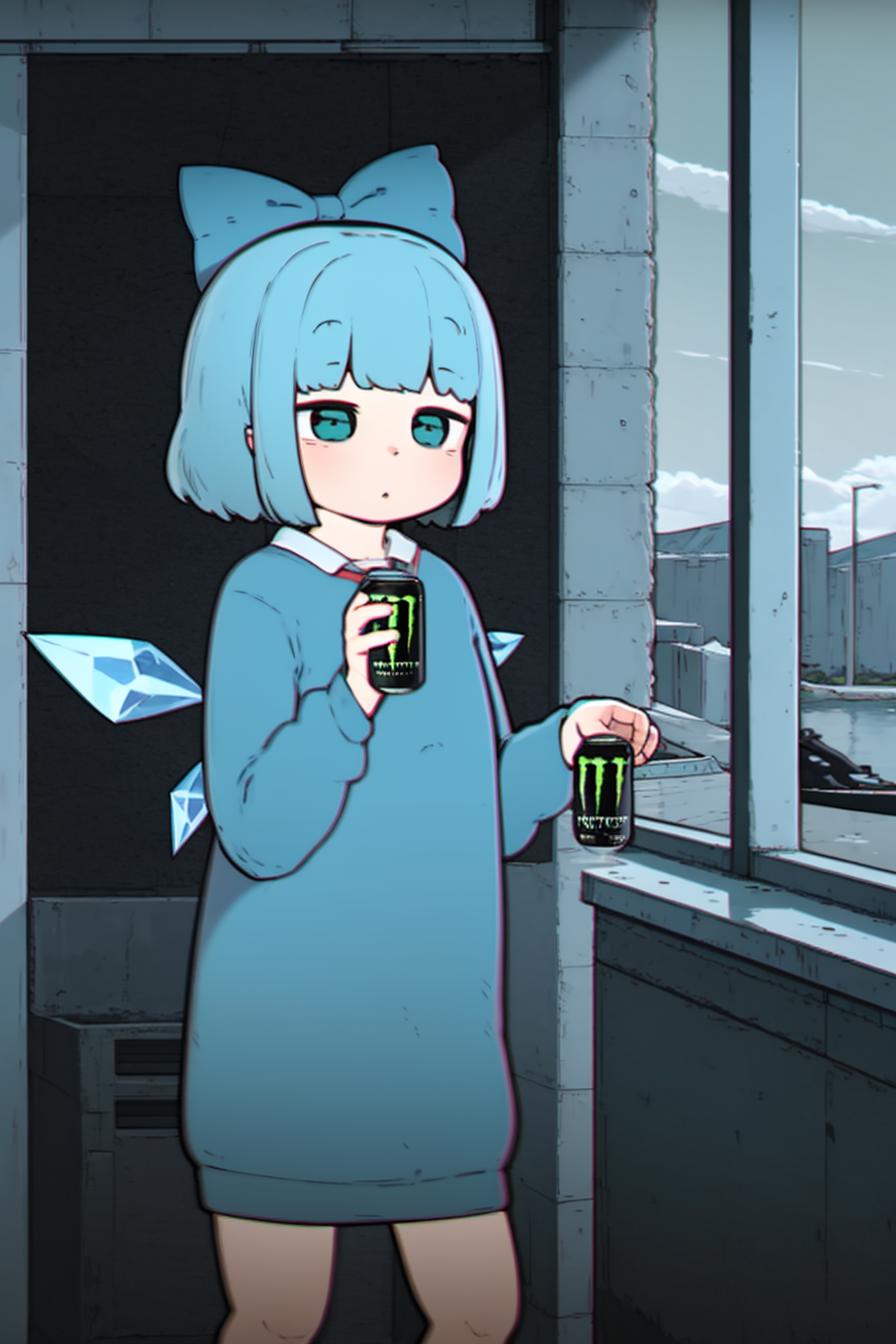 Anime girl with blue hair holding a cup of coffee - SeaArt AI