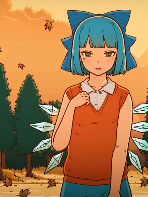 ls, 1girl, solo, (cowboy shot, cirno:1.25), detailed face and eyes, green eyes, autumn, falling yellow leaves, park with trees