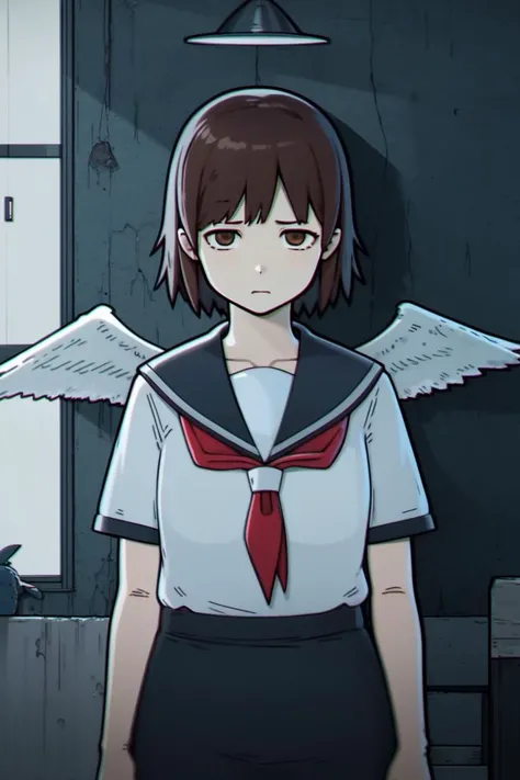 masterpiece, highest quality, best quality, 1girl, solo, looking at viewer,
1girl, angel wings, brown eyes, brown hair, haibane renmei, halo, rakka, sailor collar, school uniform, <lora:my_LoRA_rakka_v2:0.5> , sad, night, depression,
LS, CHROMATIC ABERRATION, <lyco:lazy_square_v5-000015:0.8>