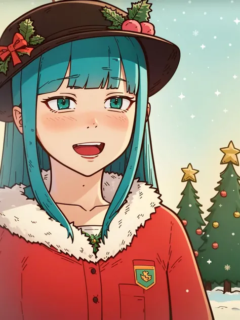 ls, 1girl, solo, (close-up, hinanawi tenshi:1.25), detailed face and eyes, green eyes, happy, puffy clothes, outdoors, christmas tree, christmas, japanese city street, winter, snow, snowing, by Zinaida Evgenievna Serebryakova