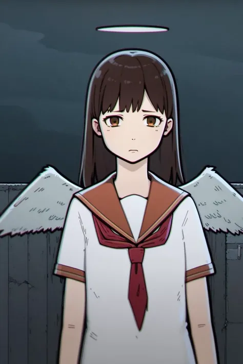 masterpiece, highest quality, best quality, 1girl, solo, looking at viewer,
1girl, angel wings, brown eyes, brown hair, haibane renmei, halo, rakka, sailor collar, school uniform, <lora:my_LoRA_rakka_v2:0.5> , sad, night, depression,
LS, CHROMATIC ABERRATION, <lyco:lazy_square_v5-000015:0.8>
