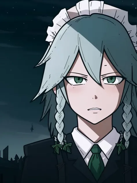 ls, 1girl, solo, (cowboy shot, izayoi sakuya:1.25), detailed face and eyes, green eyes, night, night sky, dark, cloudy sky, dark night, low color gamma, dark colors, low brightness