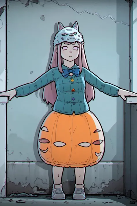 ls, chromatic aberration, 1girl, full body, outstretched arms, koko, (detailed face and eyes, pink eyes, bubble skirt:1.1), aqua shirt, bow, bowtie, buttons, collared shirt, expressionless, eyebrows hidden by hair, fox mask, long sleeves, mask, multicolored buttons, pink hair, orange skirt, plaid shirt, purple bow, purple bowtie, very long hair, girl explores ruins of church, broken stained glass, deserted spaces, detailed background