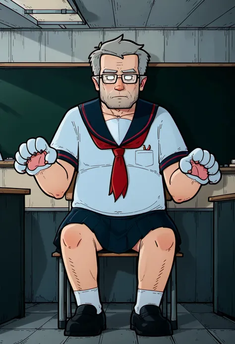 score_9, best quality, masterpiece, uncensored, source_cartoon, chromatic aberration
BREAK
1boy, solo, male focus, mature male, old man, full body, muscular, short hair, grey hair, white eyes, empty eyes, thick eyebrows, glasses, black-framed eyewear, facial hair, stubble, sideburns, school uniform, sailor collar, serafuku, pleated skirt, miniskirt, skirt, neckerchief, short sleeves, white socks, shoes, arm hair, leg hair, white shirt, sitting, classroom, (paw pose, animal hands, gloves:1.1)
<lora:lazy_square_pony_v2:1>  <lora:Stanford (Ford) Pines SDXL_LoRA_10r_10e_32i_nr32_a16_Pony Diffusion V6 XL:1>