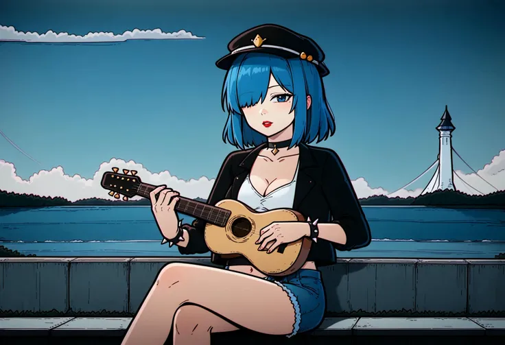 score_9, best quality, masterpiece, uncensored, source_cartoon, chromatic aberration
BREAK
1girl, hinanawi tenshi, solo, breasts, looking at viewer, blue eyes, shirt, long sleeves, hat, holding, navel, cleavage, jewelry, sitting, medium breasts, blue hair, jacket, collarbone, white shirt, outdoors, parted lips, open clothes, sky, shorts, choker, medium hair, midriff, mole, hair over one eye, open jacket, black jacket, bracelet, crop top, black headwear, short shorts, black choker, makeup, denim, lipstick, instrument, spikes, denim shorts, music, red lips, guitar, open fly, holding instrument, playing instrument, spiked bracelet, crossed legs, singing
<lora:lazy_square_pony_v2:1> <lora:Touhou_pony:0.7>