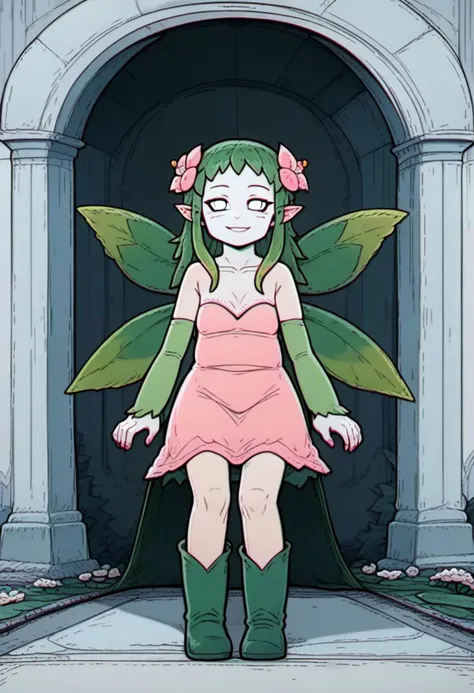 score_9, source_cartoon, chromatic aberration, white eyes, empty eyes,
1girl, solo, smile, artist logo, black eyes, boots, detached sleeves, digimon \(creature\), dress, fairy, flower, full body, green footwear, green sleeves, hair vines, knee boots, leaf wings, long hair, looking at viewer, monster girl, nail polish, pink dress, pink nails, plant, plant girl, plant hair, indoors