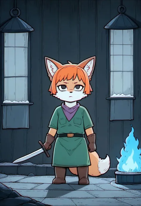 score_9, source_cartoon, chromatic aberration, white eyes, empty eyes,
1other, chibi, solo, animal ears, belt, black belt, black eyes, blue fire, boots, brown footwear, brown gloves, fire, fox ears, fox tail, furry, gloves, green tunic, hair tuft, holding, holding shield, holding sword, holding weapon, lantern, looking up, neckerchief, no mouth, orange fur, orange hair, purple neckerchief, shield, standing, sword, tail, tunic, weapon
