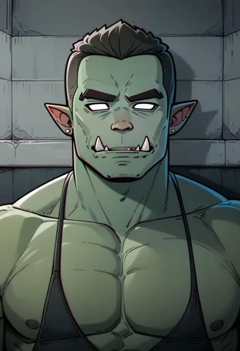 score_9, source_cartoon, chromatic aberration, white eyes, empty eyes,
1boy, solo, portrait, braid, bara, colored skin, green skin, large pectorals, light smile, lip piercing, looking at viewer, male focus, mature male, monster boy, muscular, muscular male, orc, pectoral cleavage, pectorals, piercing, straight-on, thick eyebrows, tusks