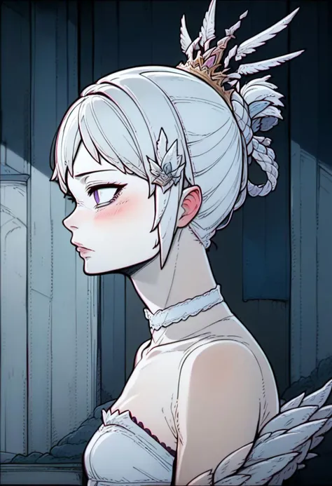 score_9, source_cartoon, chromatic aberration, white eyes, empty eyes,
1girl, solo, profile, tiara, blush, lips, bare shoulders, choker, crown, dress, faux traditional media, feathers, hair ornament, hair up, purple eyes, strapless, strapless dress, upper body, valkyrie, white hair