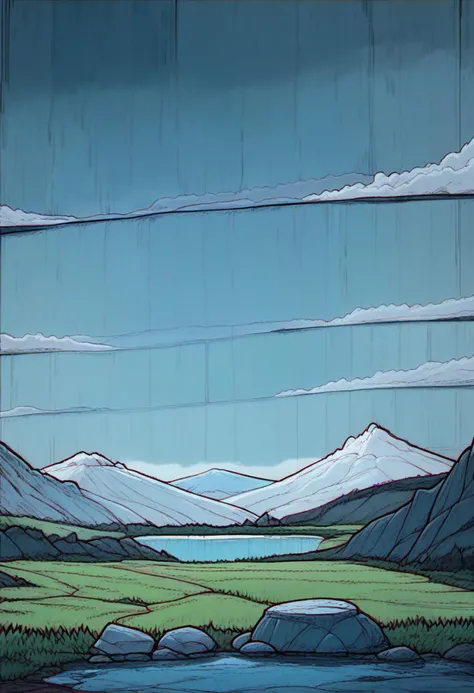 score_9, source_cartoon, chromatic aberration, white eyes, empty eyes,
blue sky, boulder, day, grass, landscape, mountain, mountainous horizon, nature, no humans, outdoors, overexposure, painterly, rock, scenery, sky, stream, valley, water