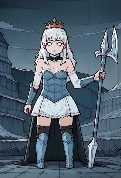 score_9, source_cartoon, chromatic aberration, white eyes, empty eyes,
1girl, chibi, solo, armor, armored dress, bare shoulders, boots, corset, crown, detached sleeves, dress, greaves, long hair, polearm, spear, strapless, strapless dress, thigh boots, thighhighs, valkyrie, vambraces, weapon, white hair