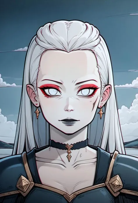 score_9, source_cartoon, chromatic aberration, white eyes, empty eyes
1girl, solo, portrait, bangs, makeup, lipstick, lips, earrings, collarbone, pauldrons, white hair, long hair, closed mouth, light smile, stud earrings, choker, armor, blue sky, looking at viewer, sky, black choker, shoulder armor, day, eyeshadow, hair behind ear, black lips, cloud, neck tattoo, gold trim, red eyeshadow