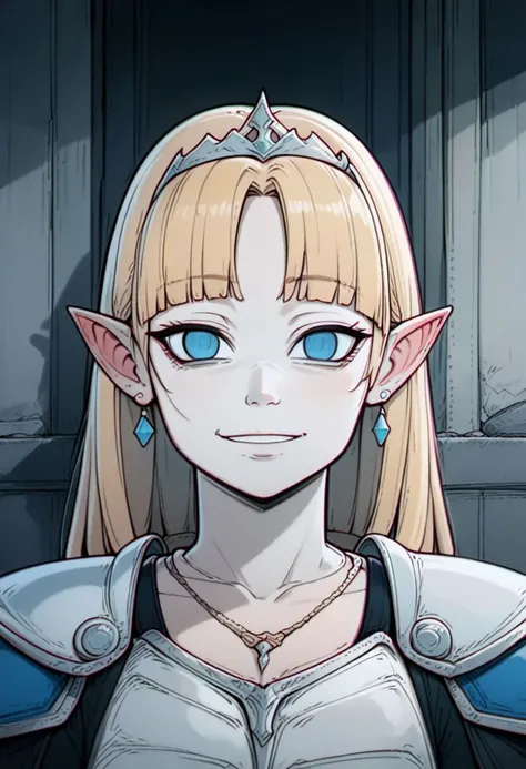 score_9, source_cartoon, chromatic aberration, white eyes, empty eyes
1girl, solo, portrait, bangs, tiara, smile, earrings, jewelry, pauldrons, blonde hair, blue eyes, blunt bangs, parted bangs, pointy ears, armor, looking at viewer, necklace, shoulder armor, triforce