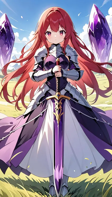 best quality, knight 1girl, red hair, long hair, red eyes, armor dress, holding long sword with both hands, grassland with lots of giant amethyst, clear sky,