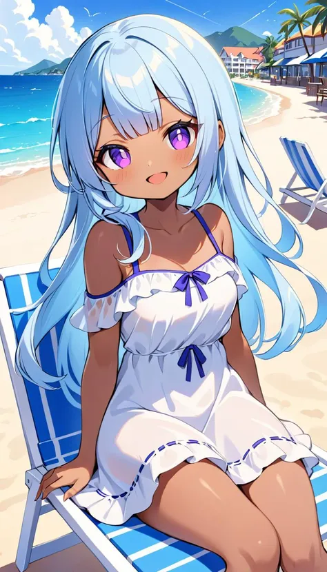 best quality, dark-skinned young 1girl, light blue hair, long hair, blunt bangs, purple eyes, eyelashes, wering summer dress, sitting on beach chair, smile, open mouth, beautiful beach, resort town,