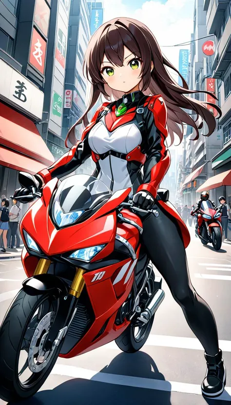 best quality, Kamen rider girl V3, motorcycle, city outdoors,