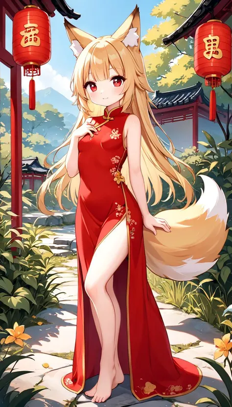 best quality, cute 1girl, full body, cute face, fox ears, fox 1tail, blonde hair, long hair, blunt bangs, detailed eyes, small breasts, sleeveless, wearing red long Chinese dress with slit, tigh, nature outdoors, clear sky,